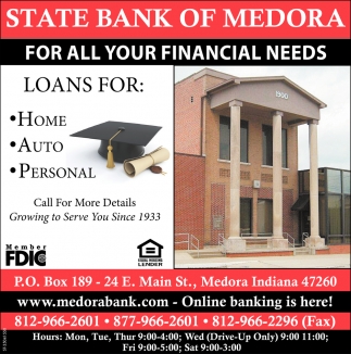 For All Your Financial Needs, State Bank Of Medora, Medora, IN