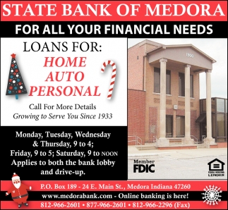 For All Your Financial Needs, State Bank Of Medora, Medora, IN