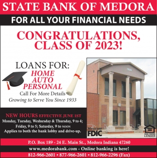 For All Your Financial Needs, State Bank Of Medora, Medora, IN